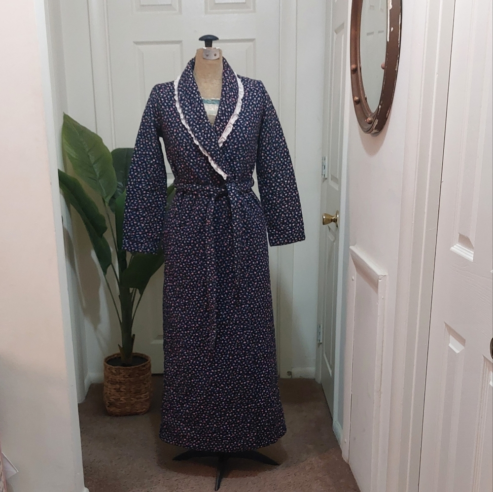 Vintage Navy Floral Print Robe with Belt Size 6/7